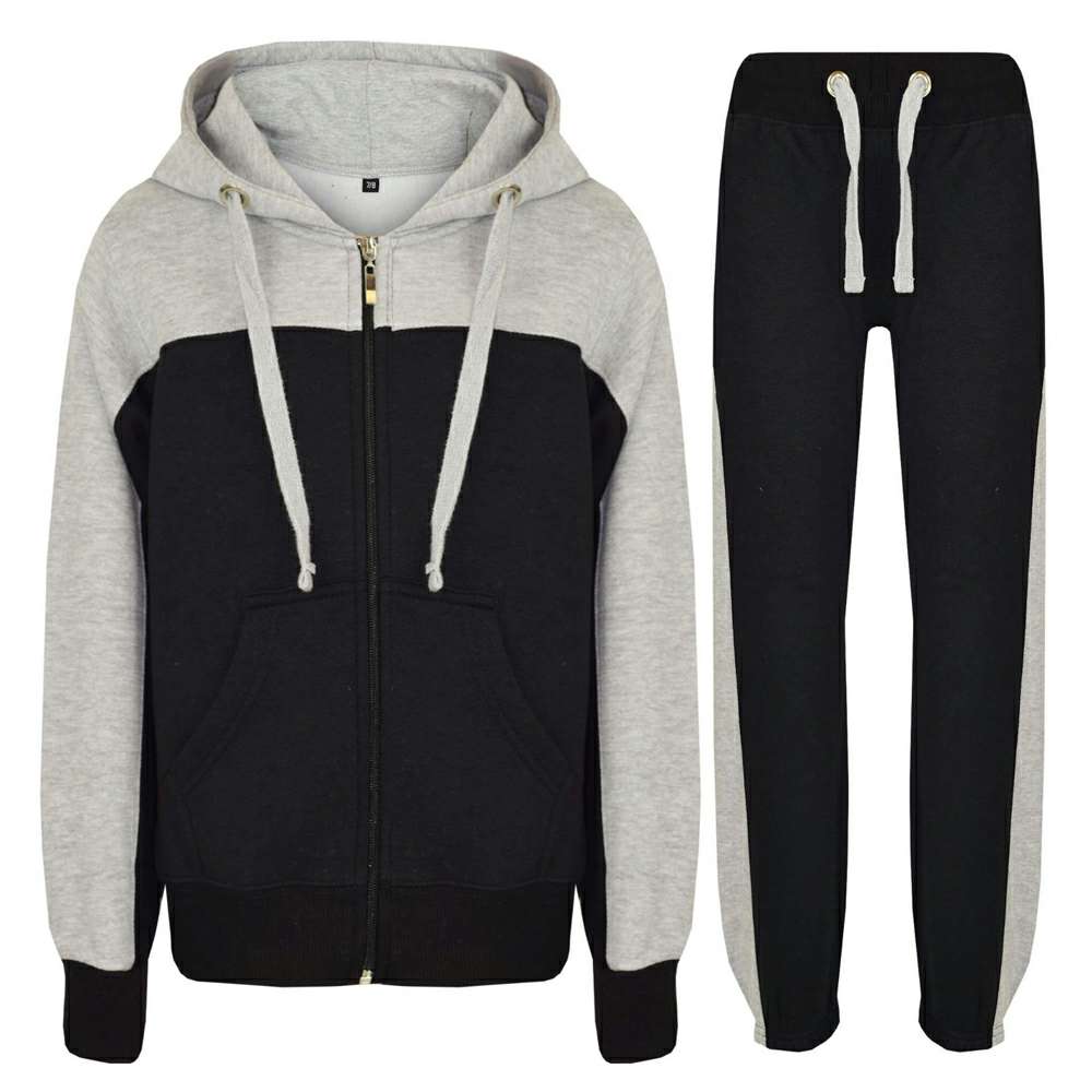Grey and Black Color Block Hooded Tracksuit